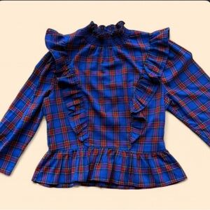 English Factory Blue and Red Ruffle Plaid Top